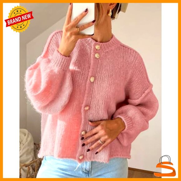 Chunky Knit Cardigan Oversized Fit Lantern Sleeve Button Up Cozy Sweater - Picture 4 of 7